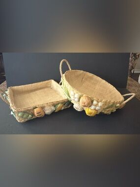 Vintage Set Of 2 Raffia Embroidered Serving Baskets Lined